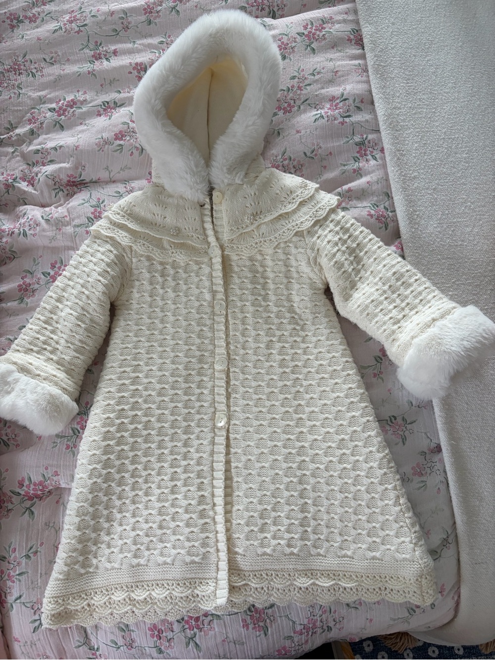 Girls' Cream Hooded Faux-Fur Trim Knit Coat - 2T Sarah Louise